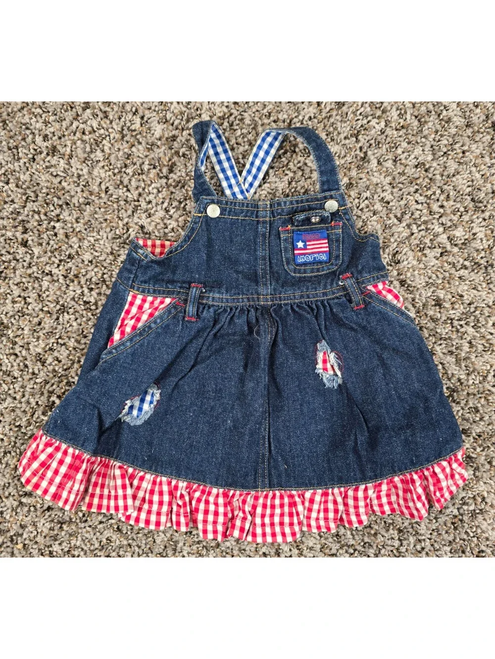 Vtg Childrens Place Baby Girls Sz 12M Denim Romper Patriotic 4th of July Flag